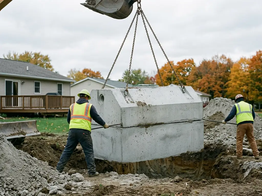Concrete septic tank being installed near Syracuse, NY