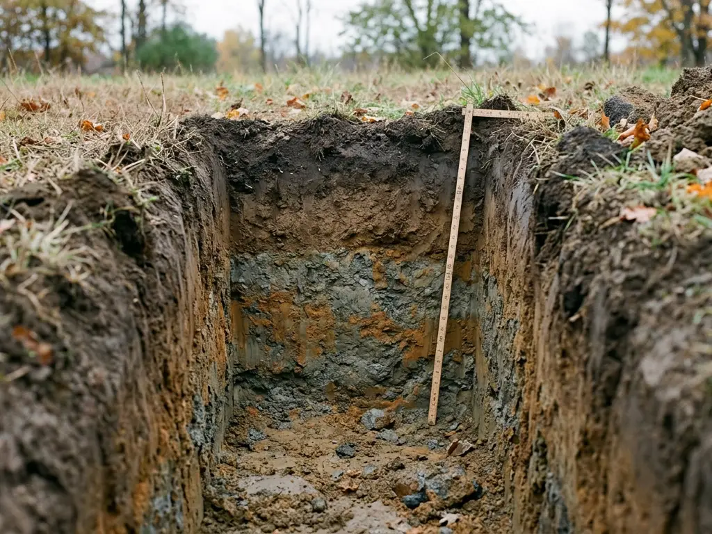 Deep hole soil test pit with mottled subsoil for a perc test in Onondaga County near Syracuse, NY