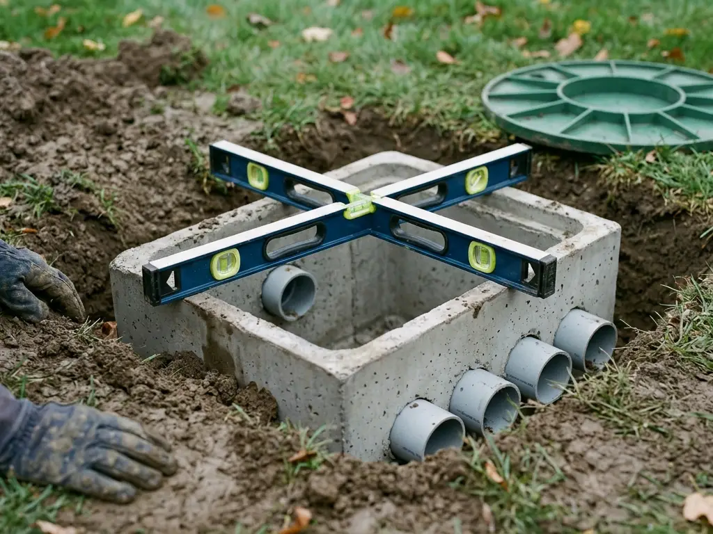 Open concrete septic distribution box with a level across it near Syracuse, NY