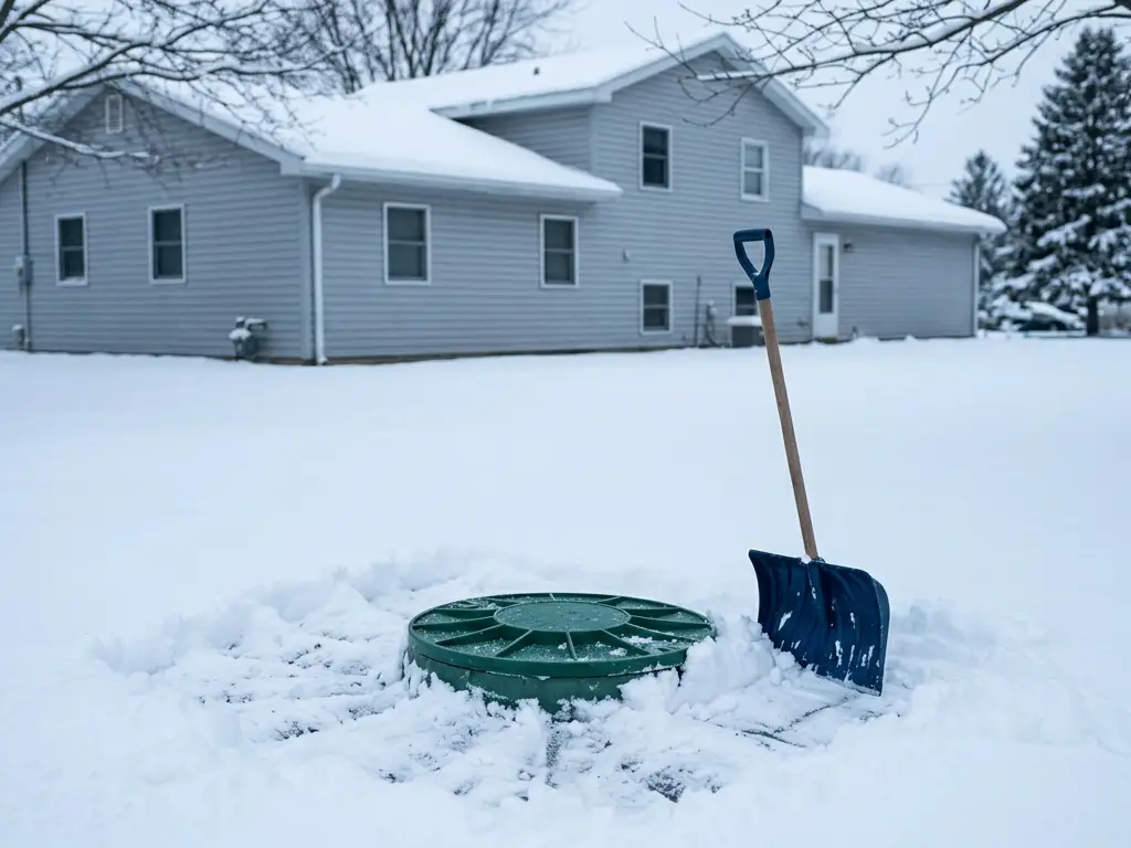 Septic tank lid cleared of snow for winter pumping at a home near Syracuse, NY