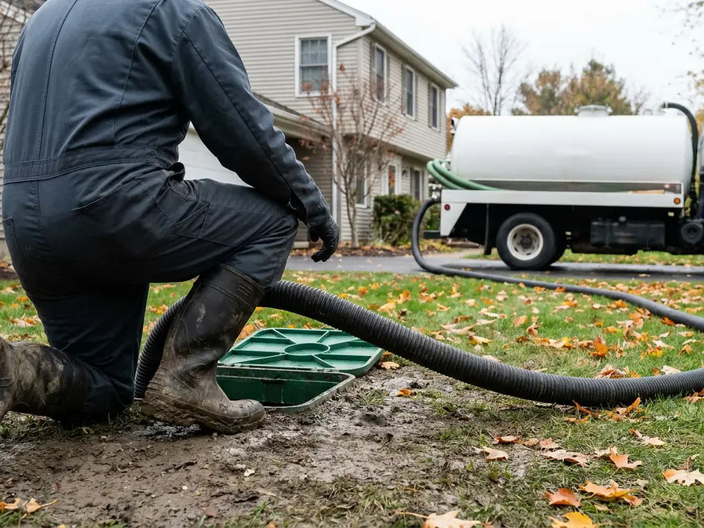 Septic technician at an open tank lid with a pump truck in a Syracuse, NY back yard in autumn